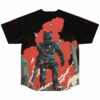 Armored cyberpunk warrior graphic on back of jersey with red smoke and white butterflies