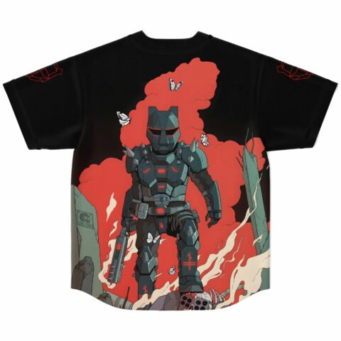 Armored cyberpunk warrior graphic on back of jersey with red smoke and white butterflies