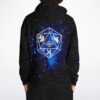 Back view of galaxy print rave hoodie with white geometric icosahedron and animal emblems