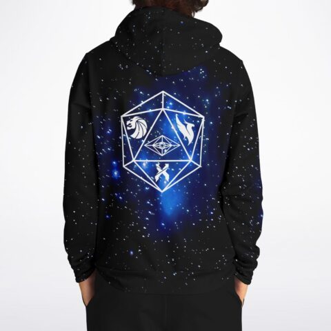 Back view of galaxy print rave hoodie with white geometric icosahedron and animal emblems