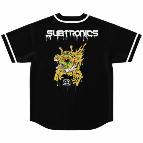 Black jersey back view with dripping gold monster graphic and bass-inspired text print