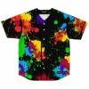 Black baseball jersey with colorful paint splatter print, front view laid flat