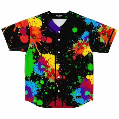 Black baseball jersey with colorful paint splatter print, front view laid flat