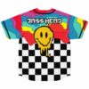 Bass Head text above drippy smiley on checkerboard back panel flat lay