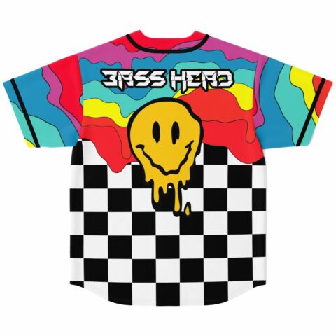 Bass Head text above drippy smiley on checkerboard back panel flat lay