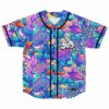 Front view of psychedelic mushroom forest print baseball jersey with black button placket