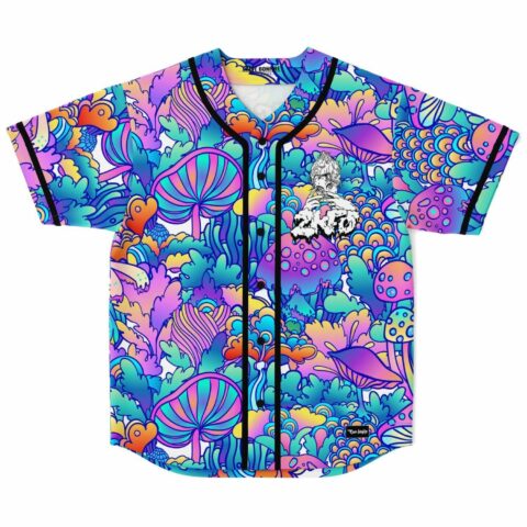 Front view of psychedelic mushroom forest print baseball jersey with black button placket