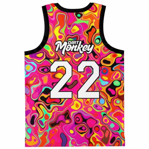 Back view of hot pink psychedelic liquid rave basketball jersey showing Dirt Monkey text
