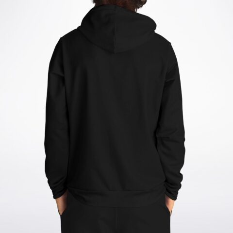 Black rave hoodie back view showing plain hood and drawstring design