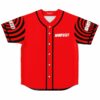 Red rave baseball jersey with black hypnotic spiral sleeves and MUST DIE wordmark front view