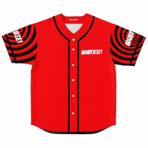 Red rave baseball jersey with black hypnotic spiral sleeves and MUST DIE wordmark front view