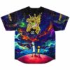 Cosmic nebula baseball jersey back with cartoon-style figures facing a golden alien face graphic