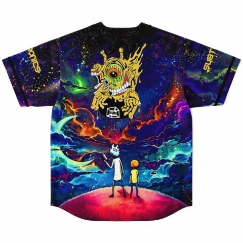 Cosmic nebula baseball jersey back with cartoon-style figures facing a golden alien face graphic