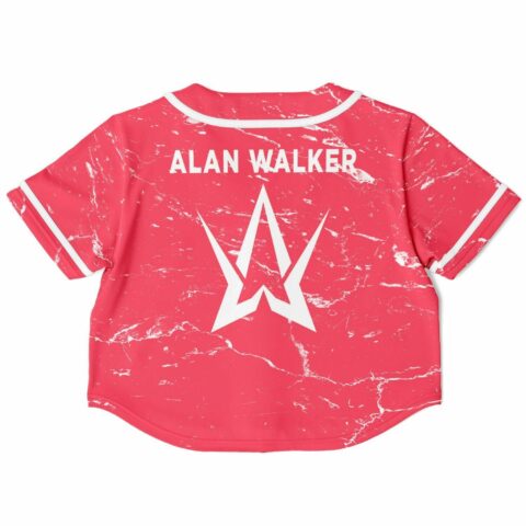 Back view of red marble baseball jersey with white logo and 'ALAN WALKER' name