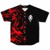 Black rave baseball jersey with red abstract swirl print and raised fist logo, front view