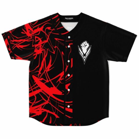 Black rave baseball jersey with red abstract swirl print and raised fist logo, front view