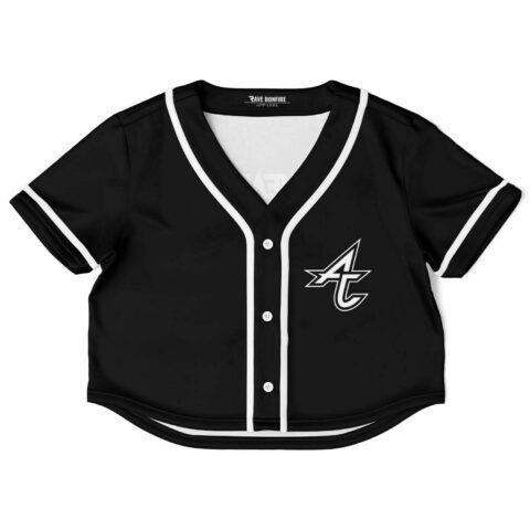 Black rave crop top with white trim and front logo