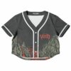 Dark gray reaper mountain rave crop top, front view with red and green mountain design