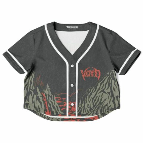 Dark gray rave crop top with red and green mountain design