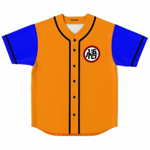 Flat lay of orange and blue baseball jersey with anime-inspired circular emblem on the chest