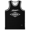 Black basketball jersey with wordmark script logo and diamond eye graphic front view