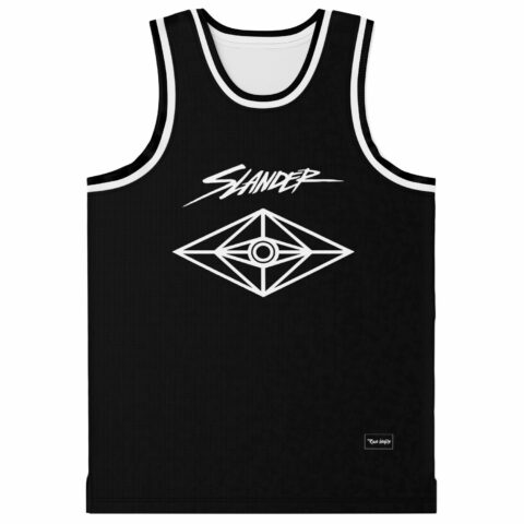 Black basketball jersey with wordmark script logo and diamond eye graphic front view