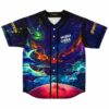 Cosmic nebula rave baseball jersey front with fiery clouds and Wubba Lubba Dub Dub text