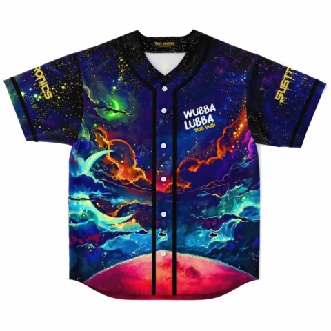 Cosmic nebula rave baseball jersey front with fiery clouds and Wubba Lubba Dub Dub text