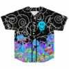 front view of black baseball jersey with dripping smiley face and psychedelic mushroom garden print