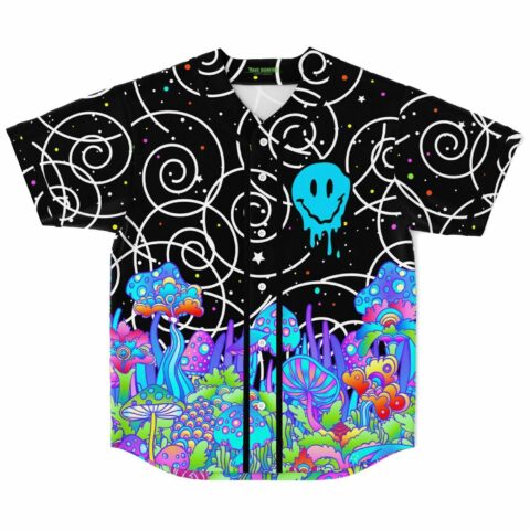front view of black baseball jersey with dripping smiley face and psychedelic mushroom garden print