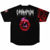 Champion skull graphic on back of black baseball jersey with red splatter sleeve