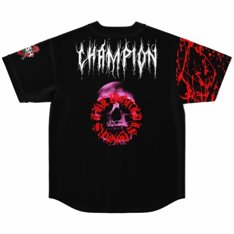 Champion skull graphic on back of black baseball jersey with red splatter sleeve