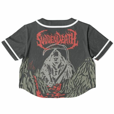 Rave crop top back view featuring reaper graphic in red