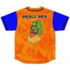 Back view of orange rave baseball jersey with cartoon pickle warrior riding a golden cloud