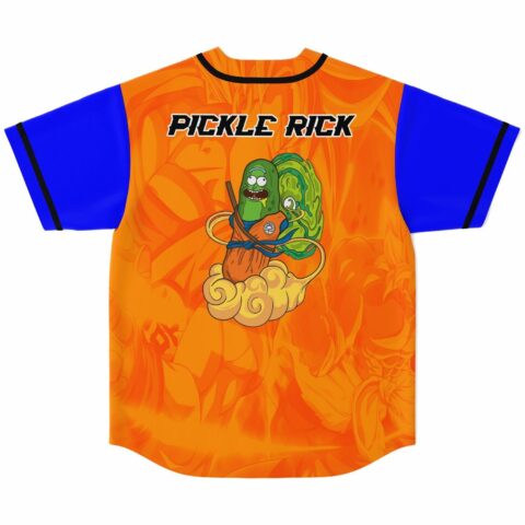 Back view of orange rave baseball jersey with cartoon pickle warrior riding a golden cloud