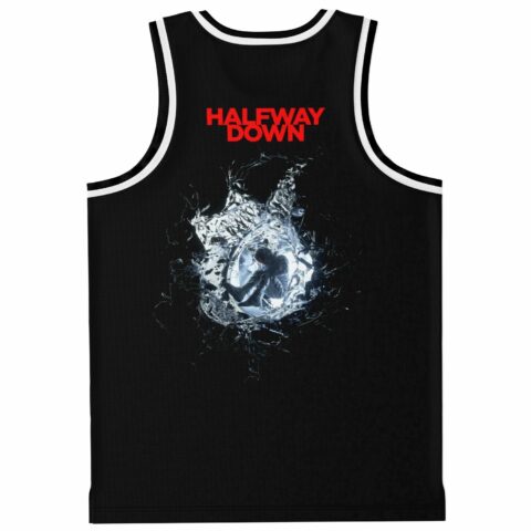 Halfway Down text above shattering glass orb graphic on black jersey back view