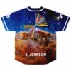 Cosmic nebula jersey back view with rainbow starburst graphic and S. Johnson nameplate
