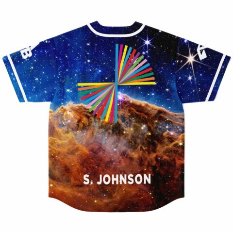Cosmic nebula jersey back view with rainbow starburst graphic and S. Johnson nameplate