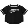 Back view of the black Adventure Club fan rave crop top showing the bold text design