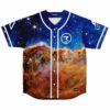 Cosmic nebula baseball jersey with golden star pillars and deep blue starfield front view