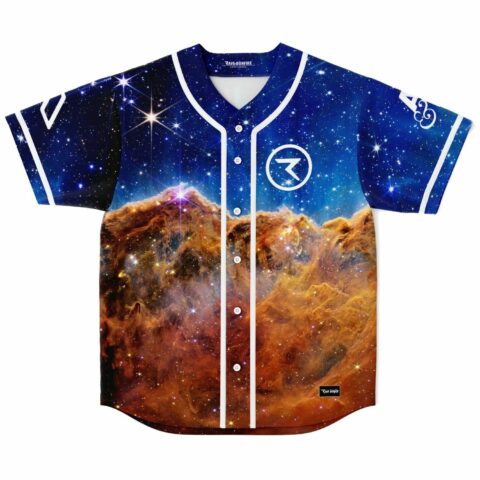 Cosmic nebula baseball jersey with golden star pillars and deep blue starfield front view