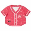 Alan Walker fan rave cropped baseball jersey in red marble with white accents and a logo