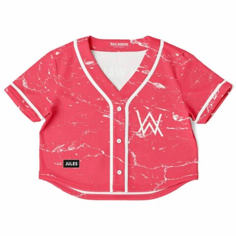 Red marble custom baseball jersey with white accents and logo