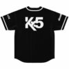 Black baseball jersey back view with bold K5 print and white trim sleeves