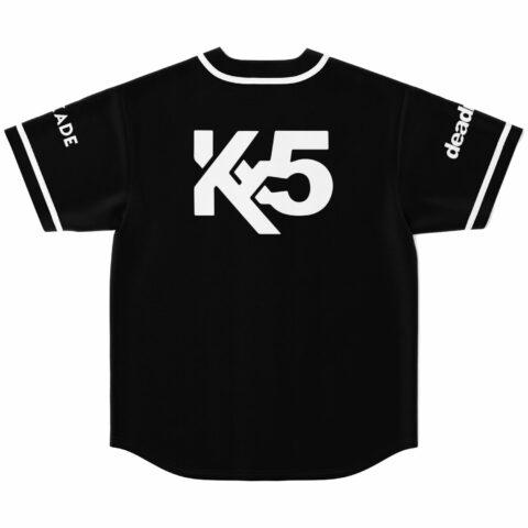 Black baseball jersey back view with bold K5 print and white trim sleeves