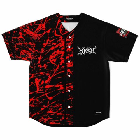 Black red paint splatter rave baseball jersey front view with HESH text on chest