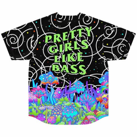 back view of jersey printed with Pretty Girls Like Bass text over swirl pattern