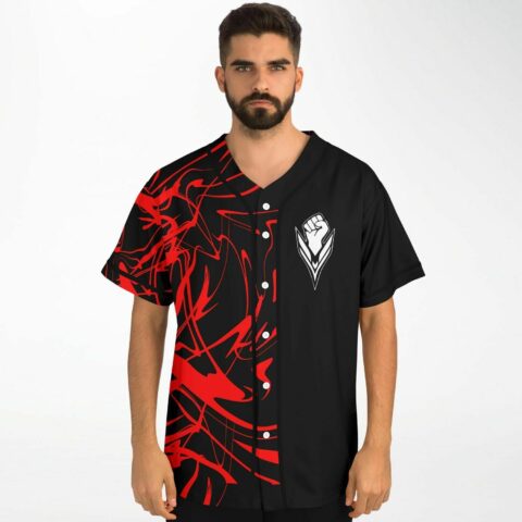 Man wearing black rave baseball jersey with red scribble print and fist emblem on chest