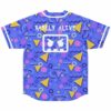 Barely Alive text, angry mask graphic on periwinkle jersey back with triangle, zigzag pattern