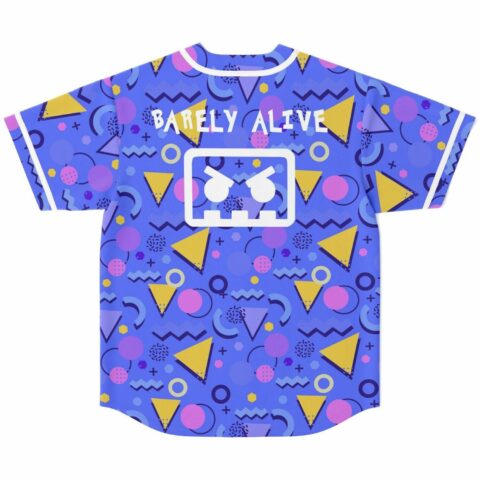 Barely Alive text, angry mask graphic on periwinkle jersey back with triangle, zigzag pattern